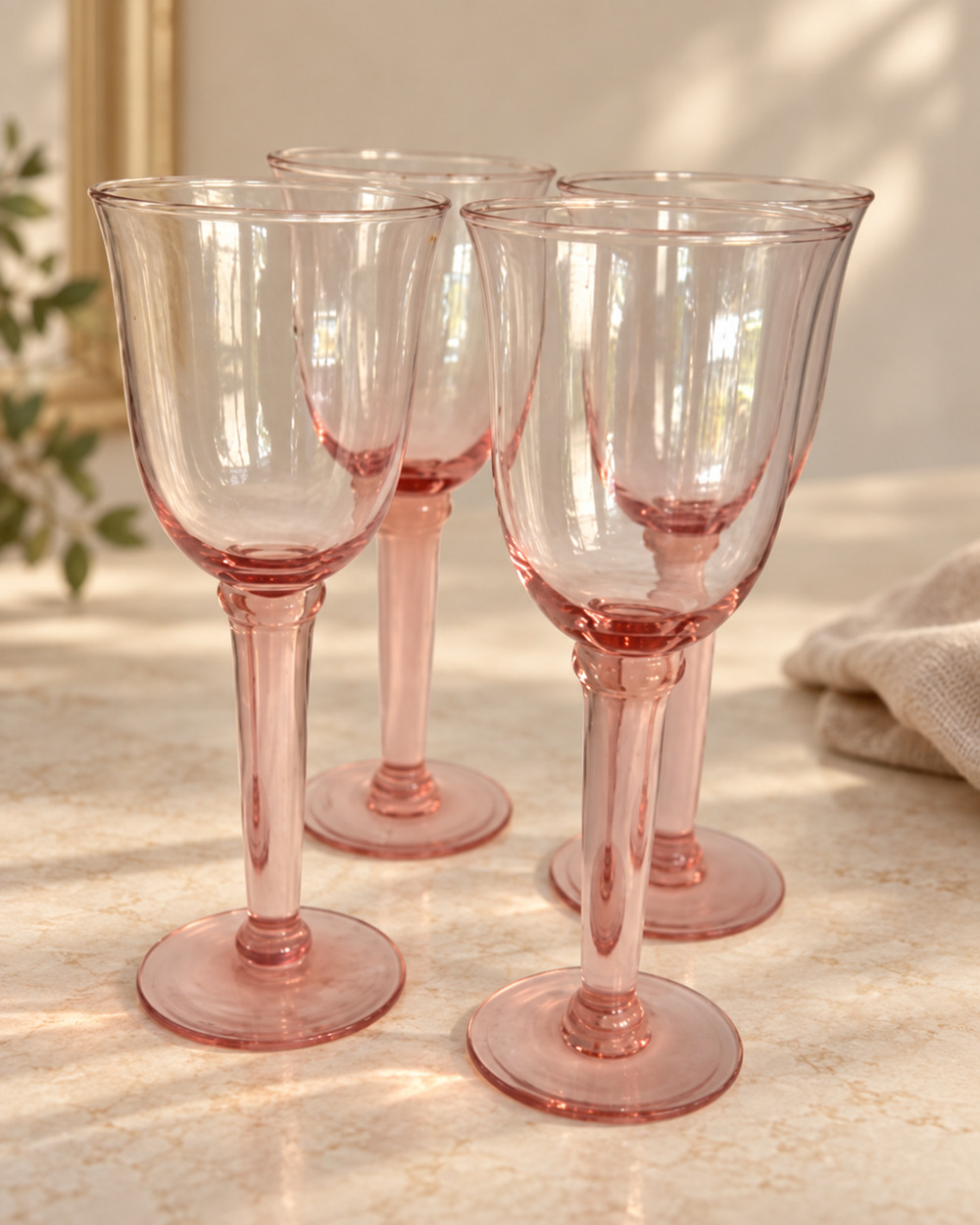 Pier 1 P1C1 Rose Pink Handblown 8.5” Water Goblets Set of 4 Ombre Glass Disc.